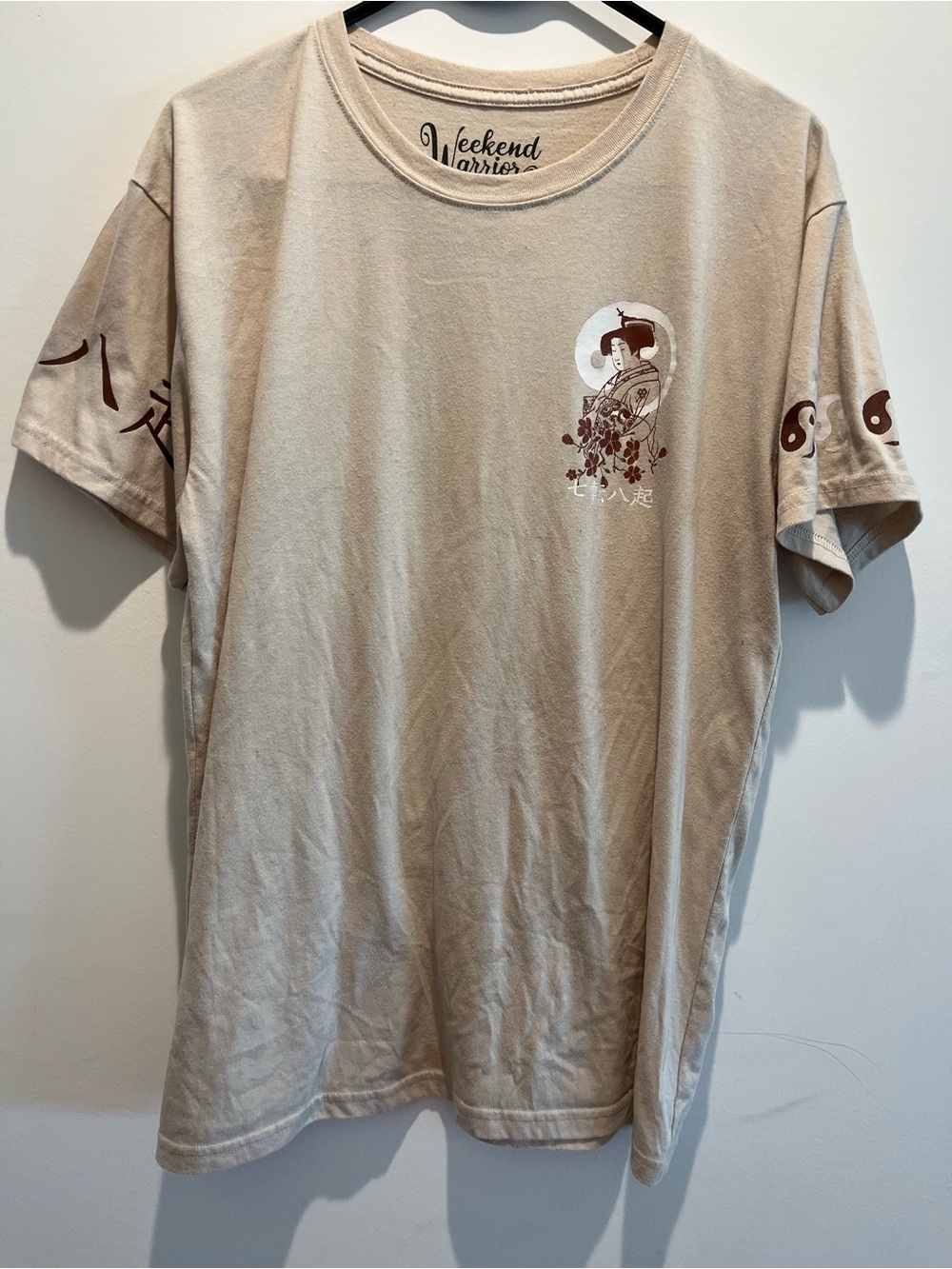 Weekend Warriors Beige Short-Sleeve Tee with Maroon Graphic Art